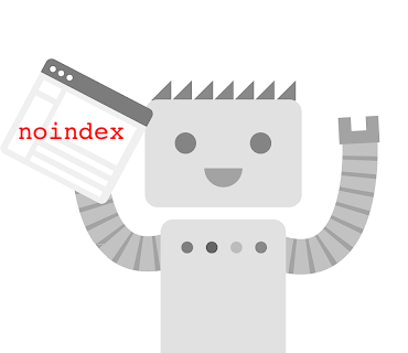 A robot holding up a piece of paper with the word noindex.