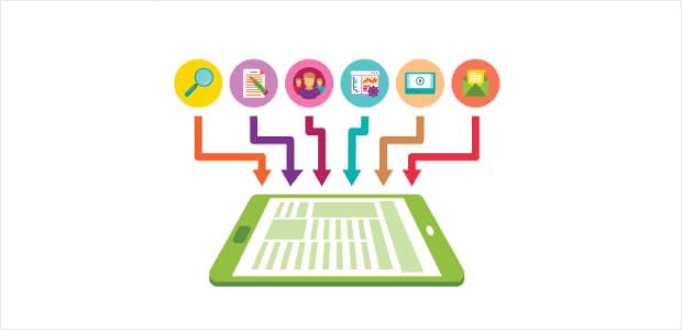 Icons representing different traffic sources all pointing to an ipad