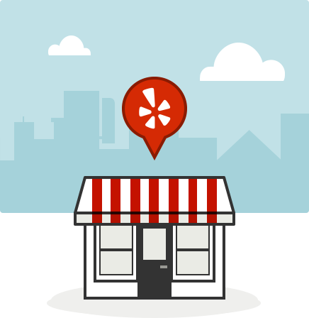 A red and white building with a pin on it for Yelp.