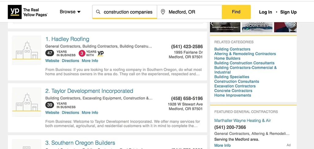 A screen shot of a website displaying construction job listings with SEO optimization for contractors.