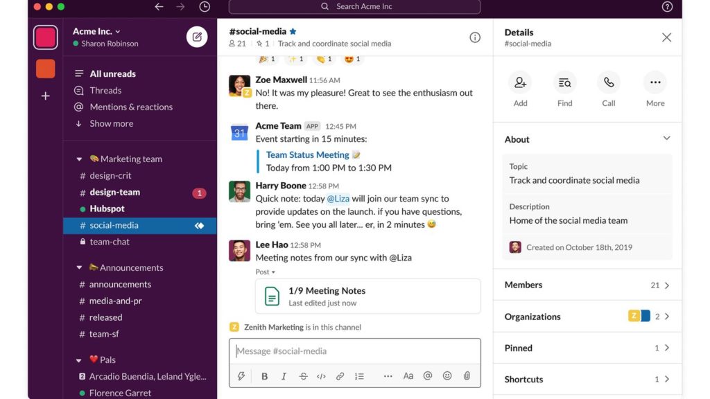 Slack dashboard