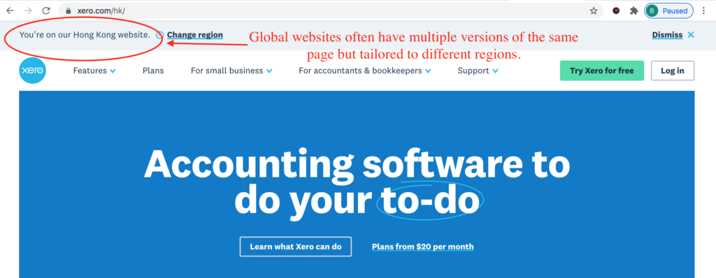 example website with multiple language variations
