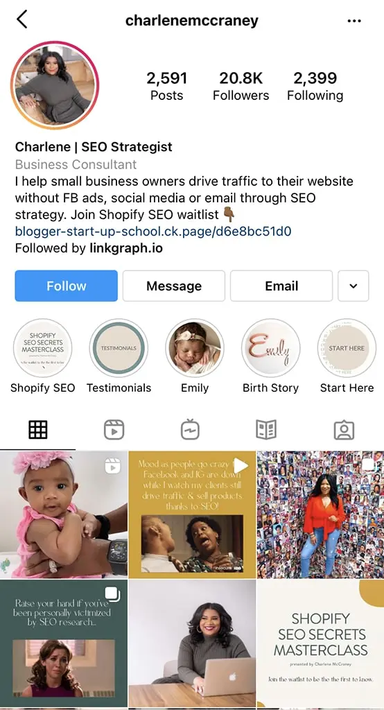 A screenshot of the instagram account of a woman who shares tips on learning SEO.
