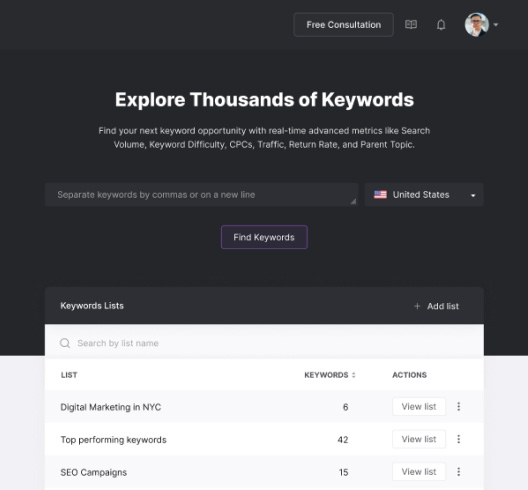 A keyword research tool interface for a Las Vegas marketing agency, showing options to enter keywords, select a country, and view keyword lists with counts and action links.
