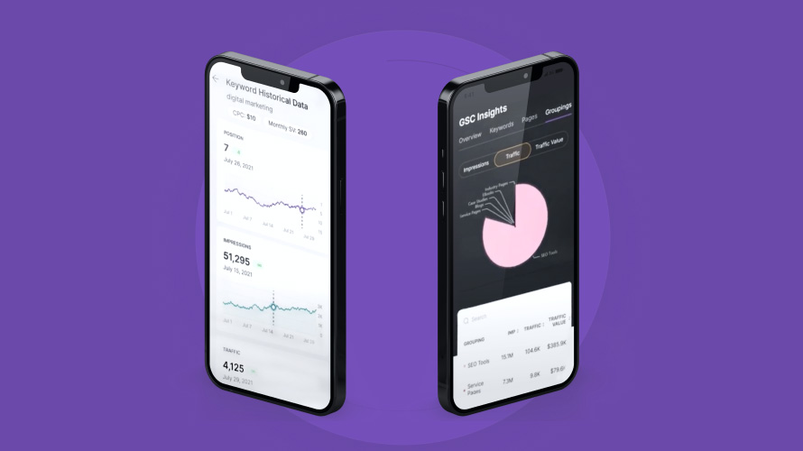 Two smartphones display analytics dashboards with graphs and data charts on a purple background, showcasing the insights offered by a top Las Vegas marketing agency.