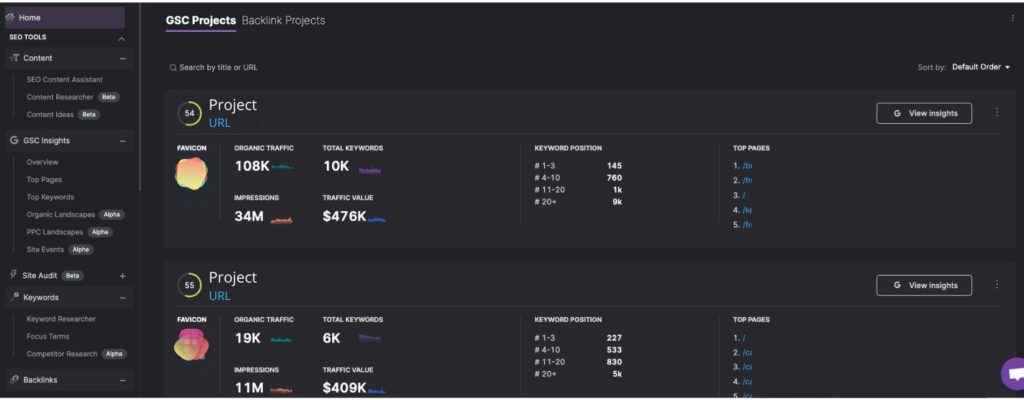 screenshot for multiple campaign tracking showing 2 seo projects