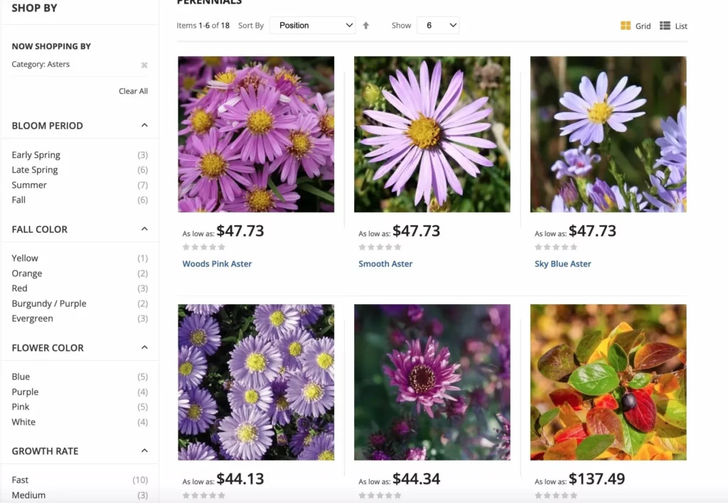 Aster flowers product listing with prices and filters for bloom period, color, and growth rate on an online plant store