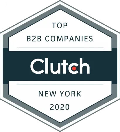 Clutch award badge for "Top B2B Companies in New York 2020" featuring a hexagonal design with bold typography.