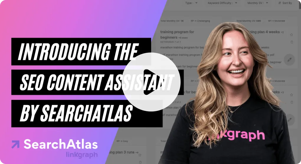 SearchAtlas video thumbnail introducing the SEO Content Assistant, featuring a smiling woman wearing a LinkGraph shirt