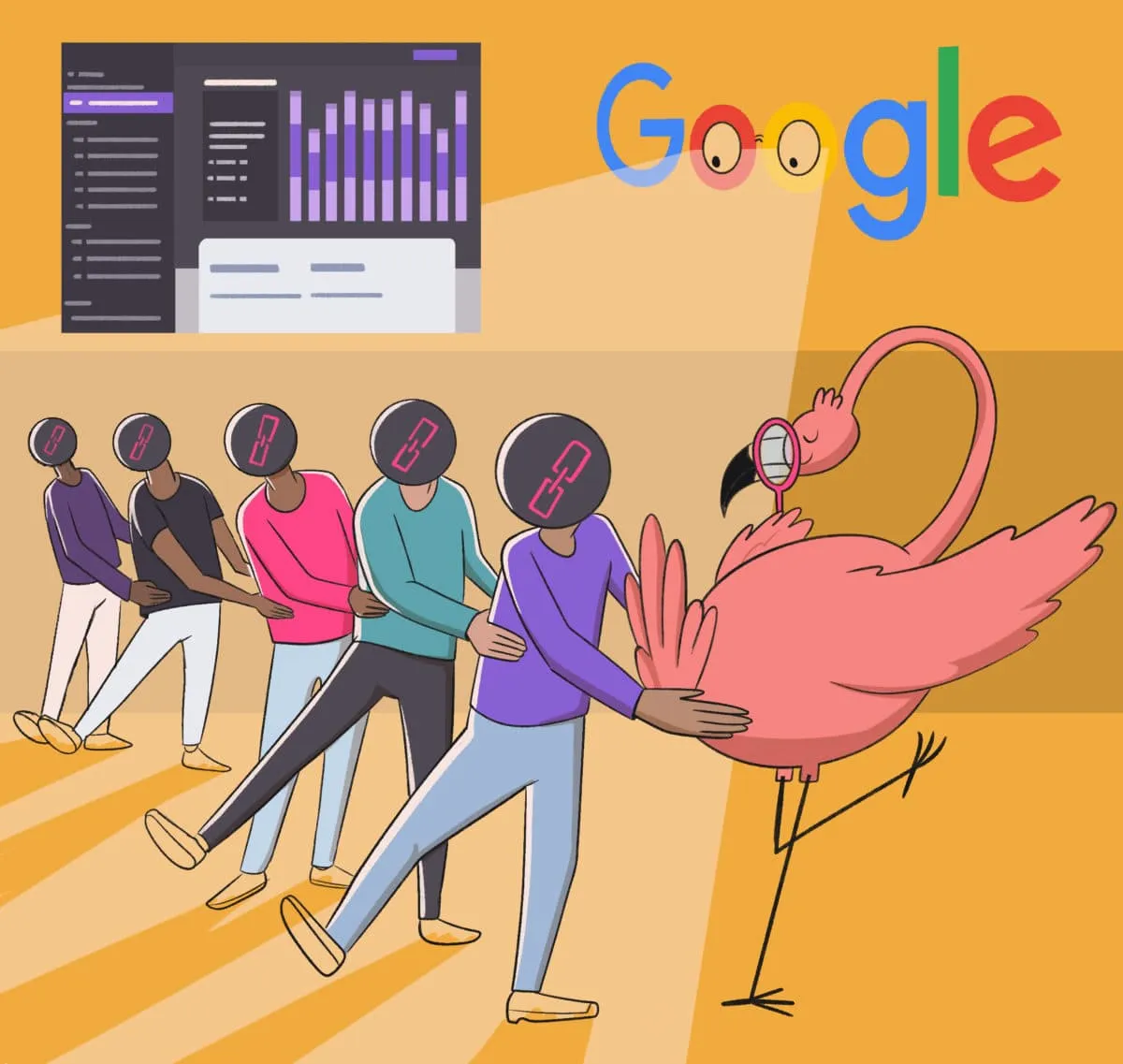 An illustrated collage of people using virtual reality headsets and a large flamingo interacting with the google logo.