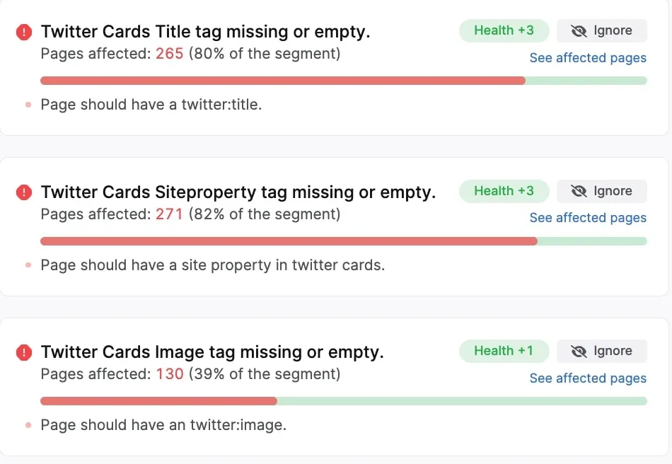 screenshot of missing twitter cards in Search Atlas site auditor