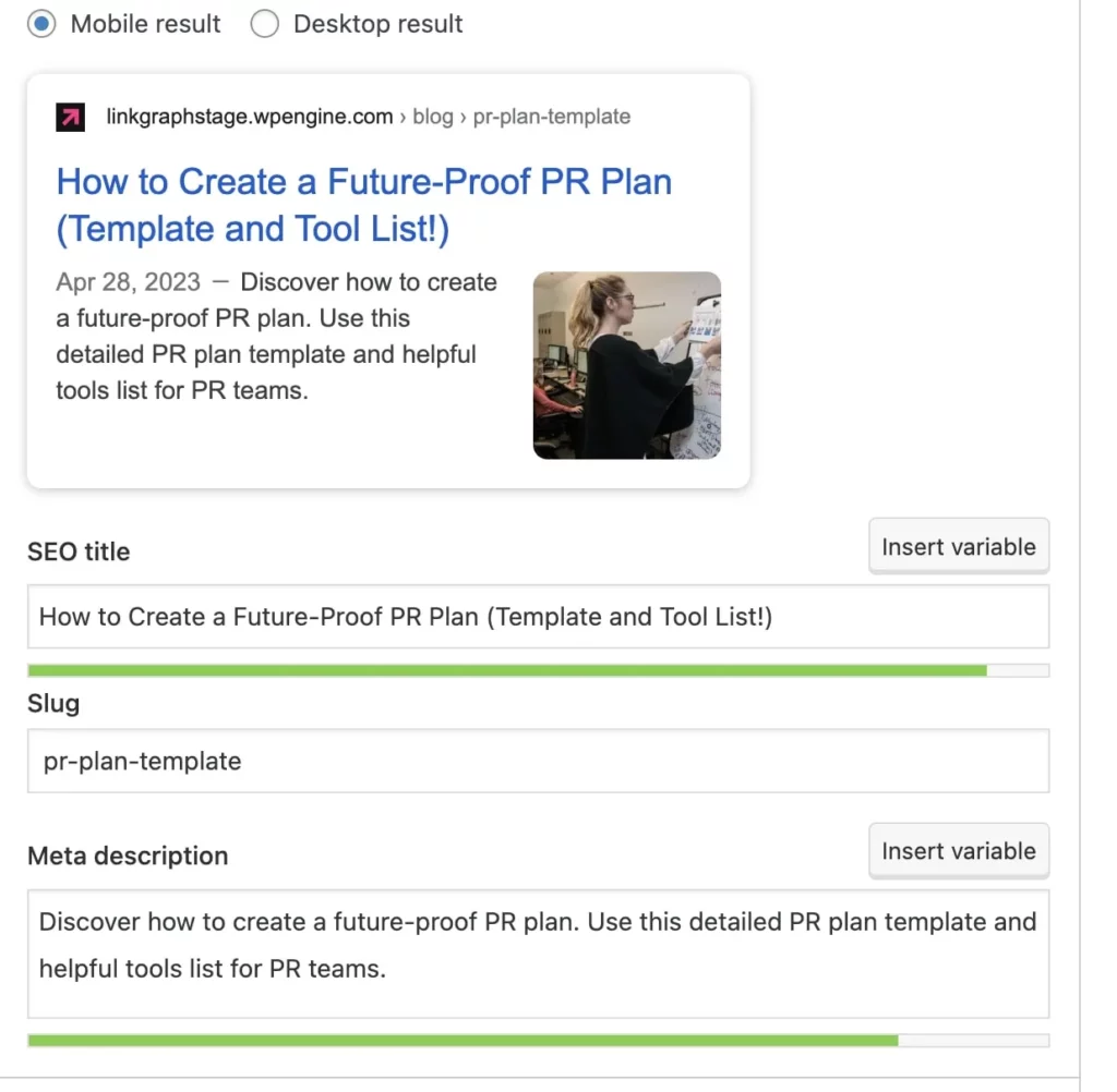 Preview of a mobile search result for the article "How to Create a Future-Proof PR Plan (Template and Tool List!)" with editable fields for SEO title, slug, and meta description.