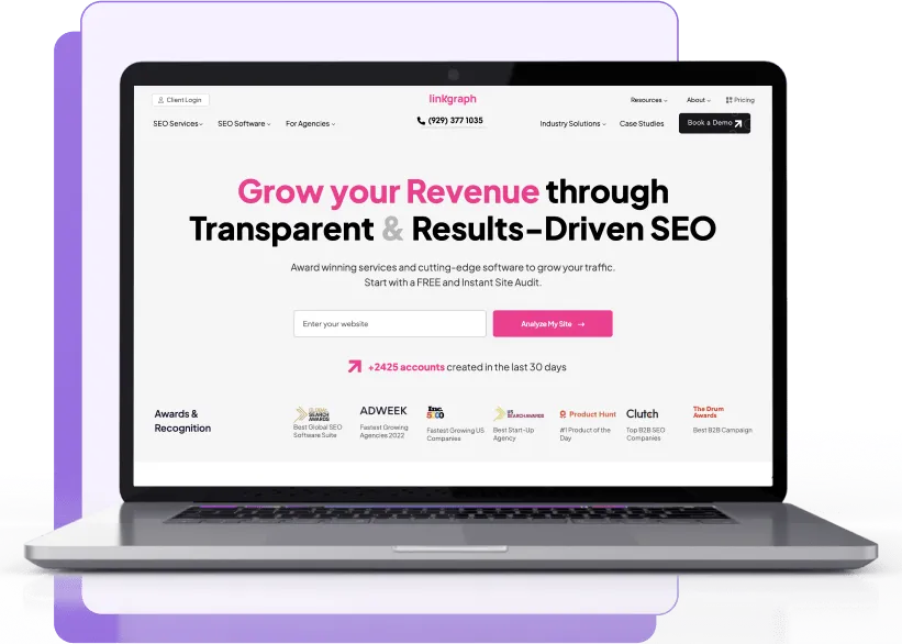 LinkGraph homepage displayed on a laptop screen, promoting transparent and results-driven SEO services with a free site audit and notable industry recognitions.