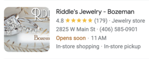 example of Google Business Profile listing tha tincludes 5 start reviews