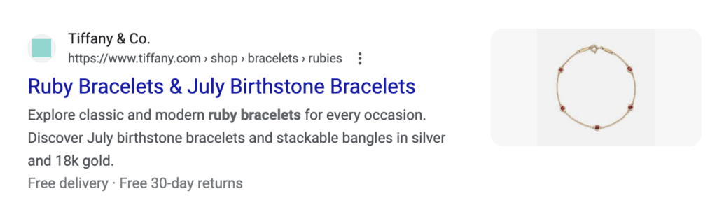 Screenshot of a SERP result from Tiffany & Co. jewelry website