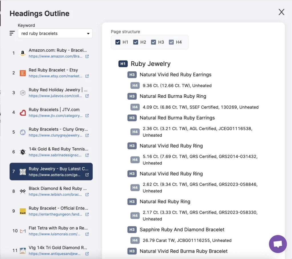 Search Atlas headings tool with breakdown of headers on the website Ruby Jewelry