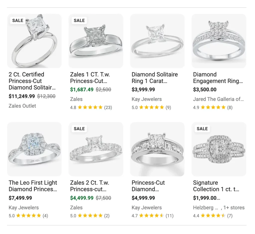 screenshot of product schema results for the keyword "diamond engagement rings"