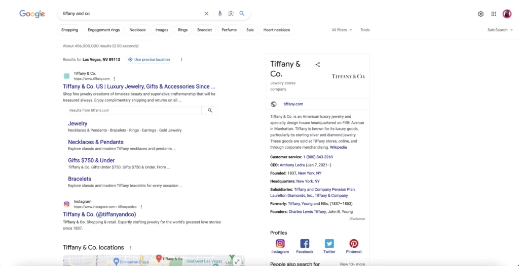 Branded search results for the jewelery retailer Tiffany & Co.