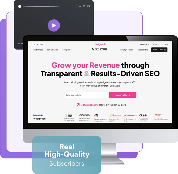 LinkGraph homepage displayed on a desktop screen promoting SEO services with the headline “Grow your Revenue through Transparent & Results-Driven SEO,” alongside trust badges and subscriber growth statistics