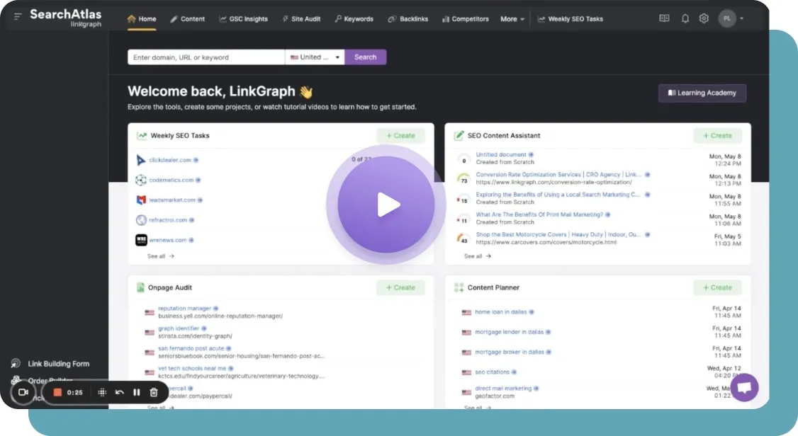 Search Atlas Dashboard with play icon