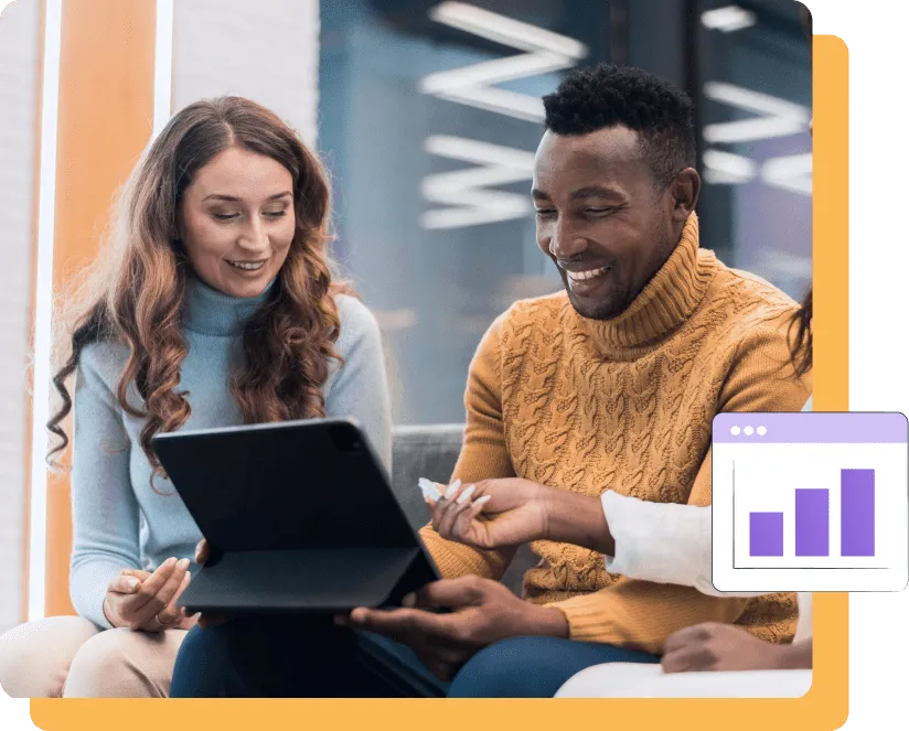Three colleagues sitting together and smiling while reviewing data on a tablet, with an overlaid bar graph icon representing analytics or performance