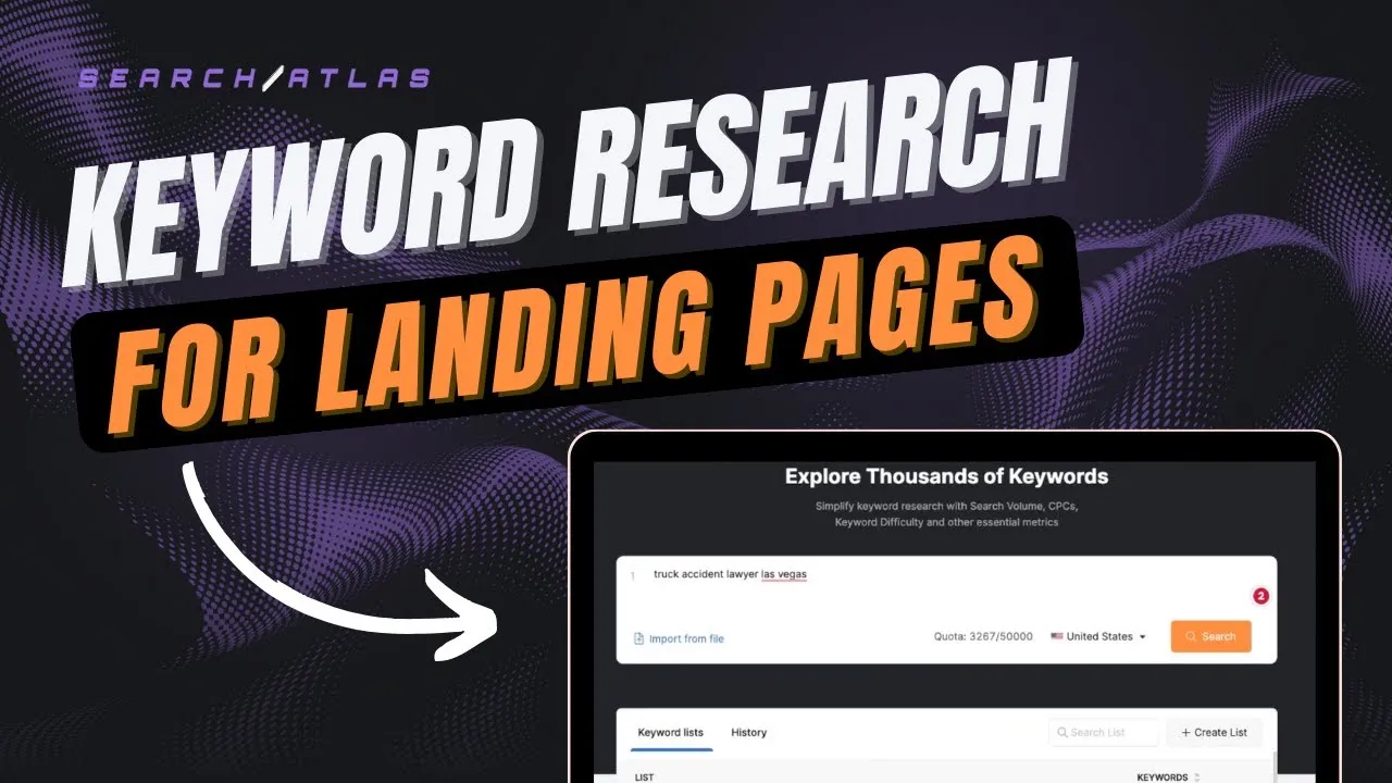 SearchAtlas interface demonstrating keyword research for landing pages with highlighted text 