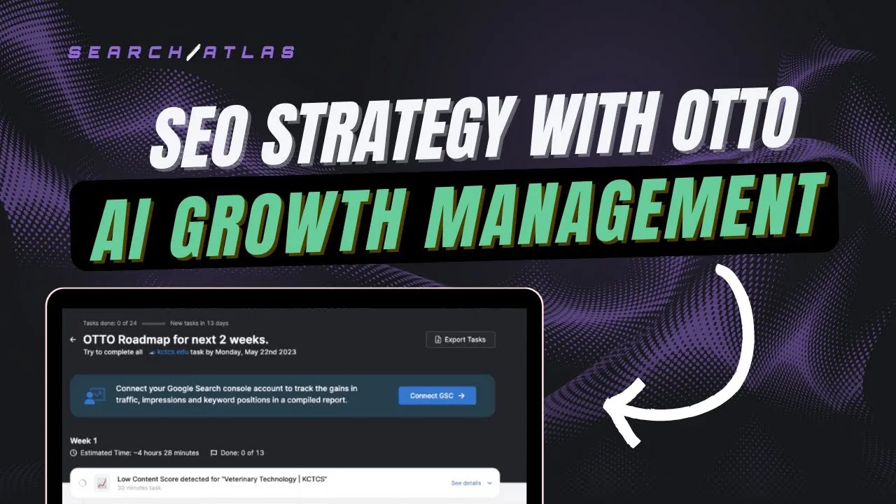 Promotional graphic for Search Atlas showing an SEO strategy roadmap managed by OTTO AI, highlighting “SEO Strategy with OTTO” and “AI Growth Management” with a screenshot of a two-week task plan.