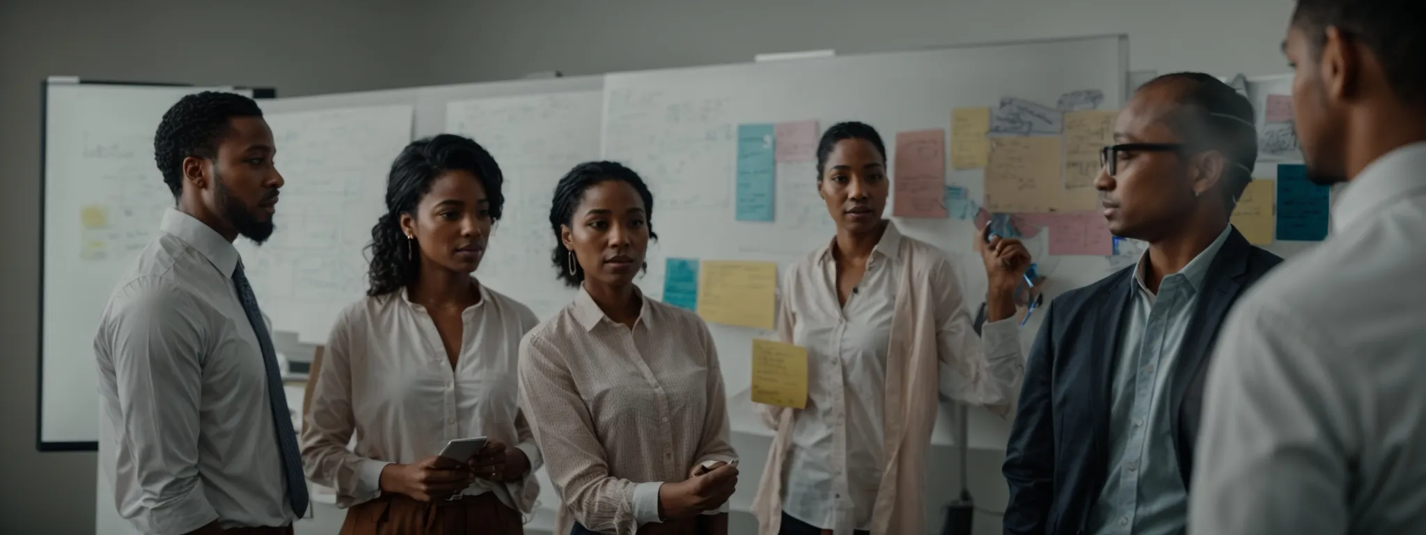 Six people stand in an office, discussing in front of whiteboards covered with notes and diagrams, focused on brainstorming image SEO strategies.