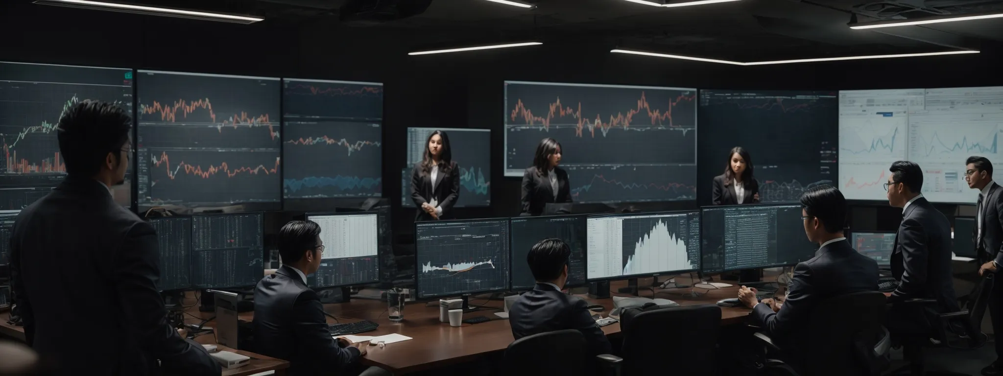 a war room-style meeting with a team of professionals intently analyzing data on large monitors displaying website traffic graphs and seo metrics.