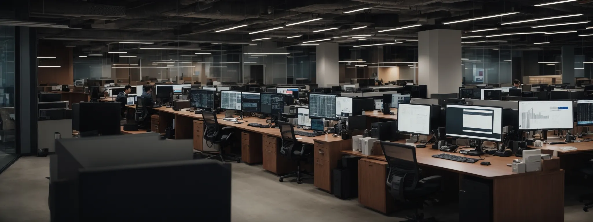 a modern office space with computers displaying analytics and charts, occupied by professionals working collaboratively.