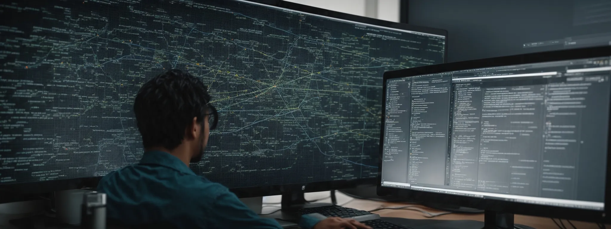 A person sits at a desk with multiple monitors displaying lines of code and a large digital network map, ideal for image SEO in tech-driven environments.