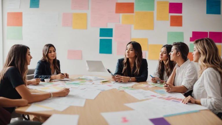 a creative business team brainstorming with a whiteboard filled with colorful diagrams representing website traffic strategies.