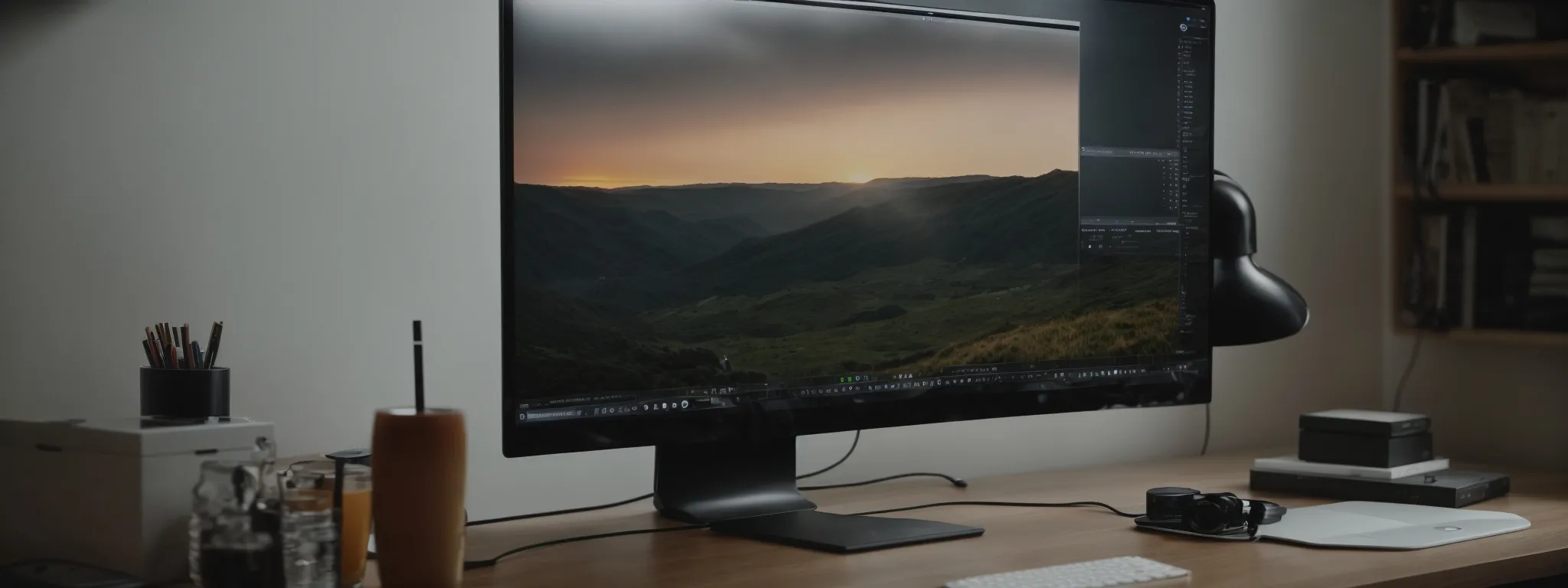 A computer monitor on a wooden desk displays a landscape image at sunset, perfect for image SEO. The desk also features a keyboard, mouse, drink, camera, and various office supplies.
