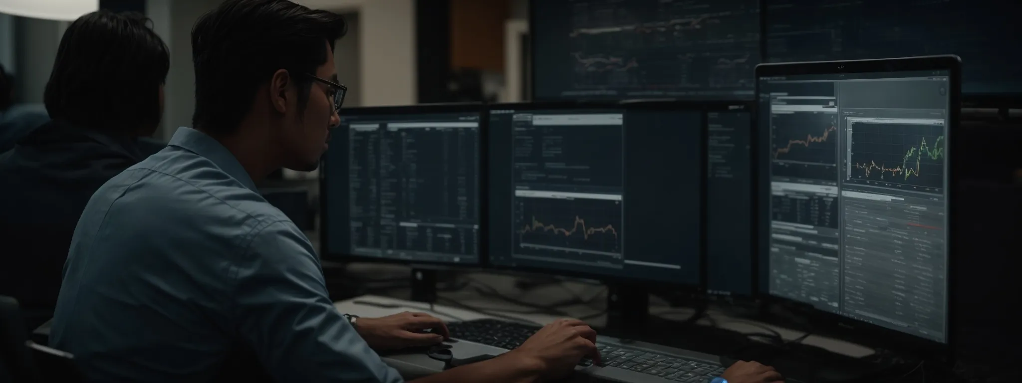 A person sits at a desk using multiple monitors displaying charts and data analysis tools in a dimly lit office, optimizing image SEO strategies for improved online visibility.