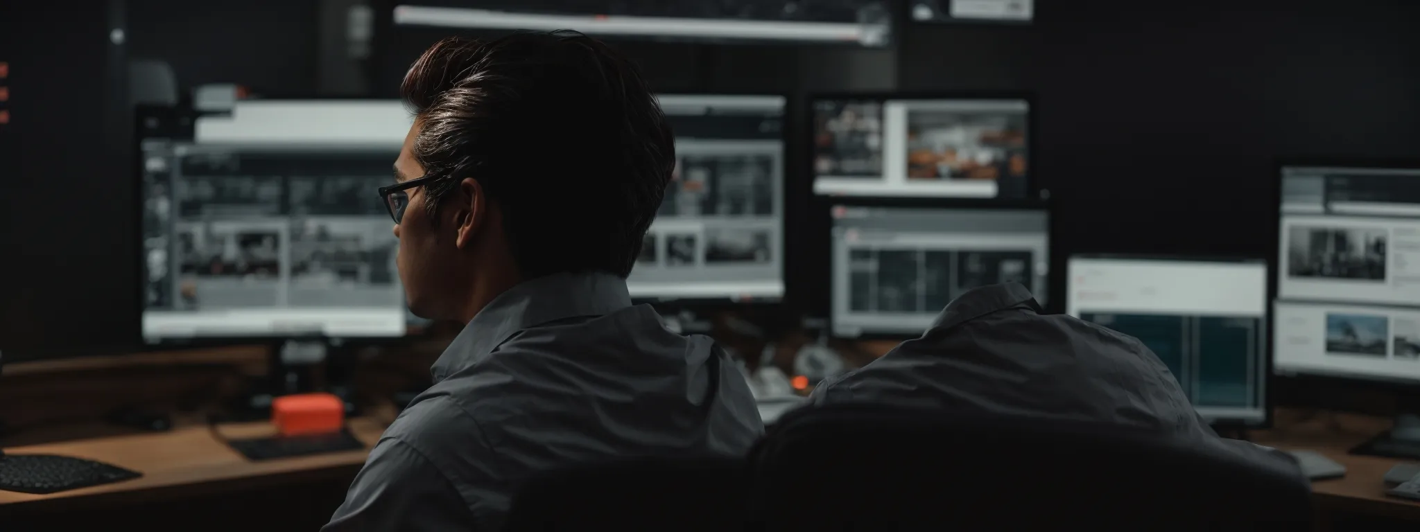 A person wearing glasses sits at a desk in front of multiple computer monitors displaying various images and image SEO information in a dimly lit room.