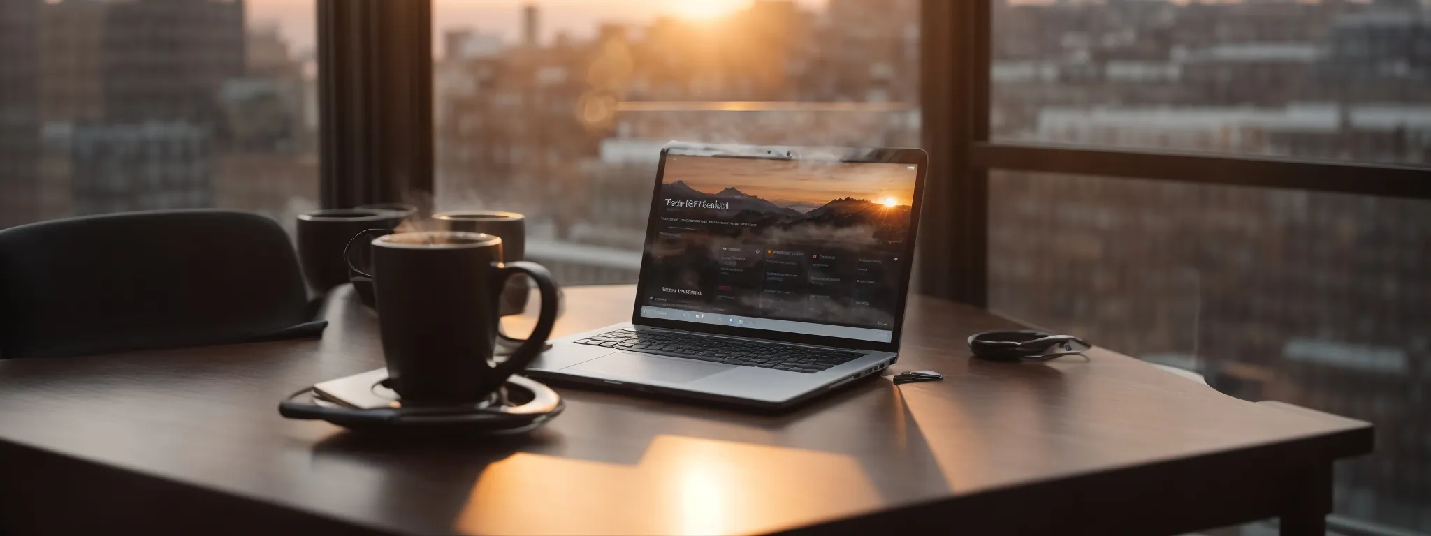 a laptop with analytics displayed on screen, symbolizing seo health checks, beside a steaming cup of coffee on a desk at sunrise.