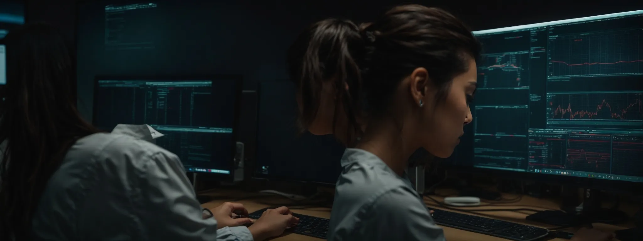 Two women in a dimly lit room work at computer stations displaying graphs, data, and code on multiple monitors, focusing on tasks like image SEO analysis and optimization.
