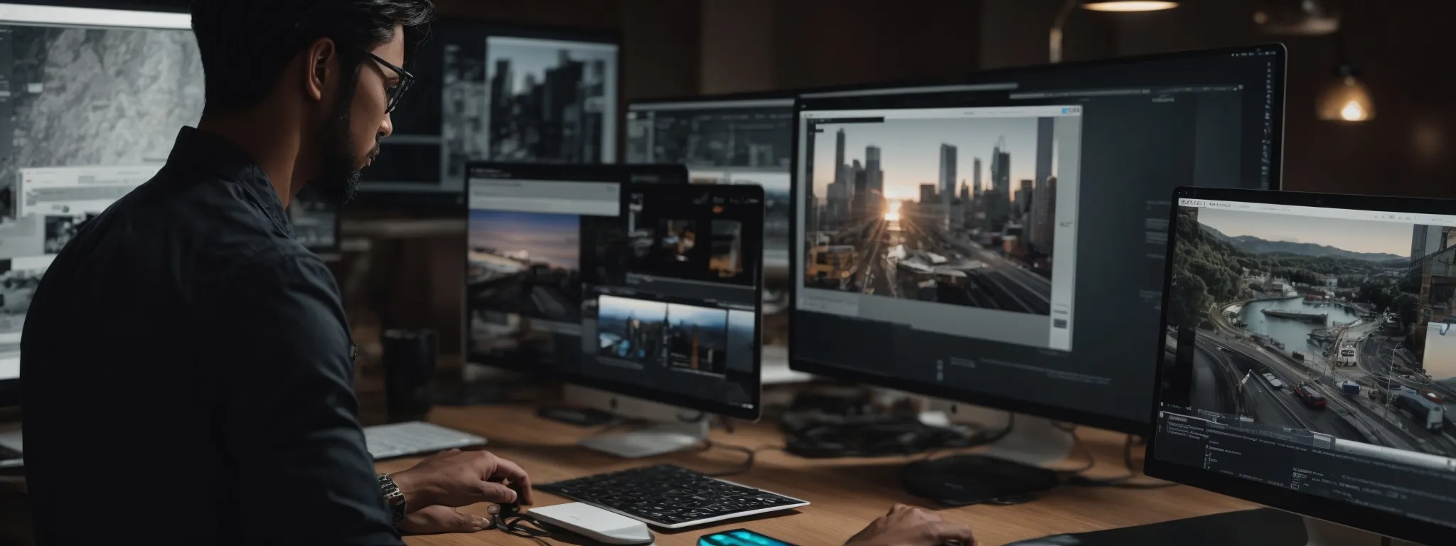 A person sits at a desk with multiple monitors displaying various cityscape and landscape images, appearing to work on image or video editing while optimizing content for image SEO.