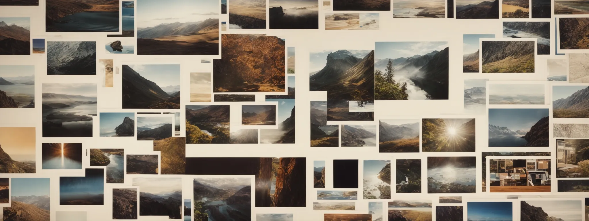 A collage of various landscape photographs featuring mountains, lakes, forests, and natural scenery is arranged in a grid pattern on a light background for enhanced image SEO.