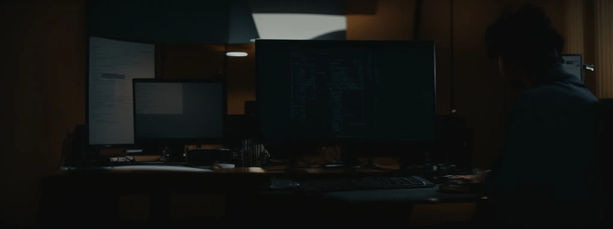 A person is sitting at a desk with three computer monitors in a dark room, with code visible on the center screen, creating an ideal scene for image SEO optimization.
