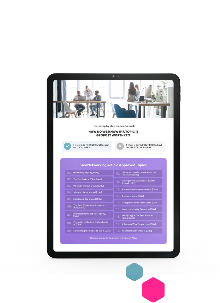 A tablet displaying an article about geo-networking with a blurred background of a corporate meeting.