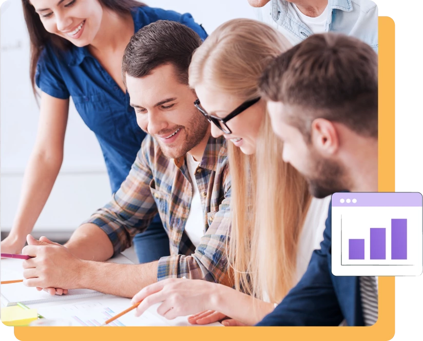 Four people sit at a table, collaborating over documents with charts and graphs, discussing SEO services, with a stylized bar graph icon in the bottom right corner.