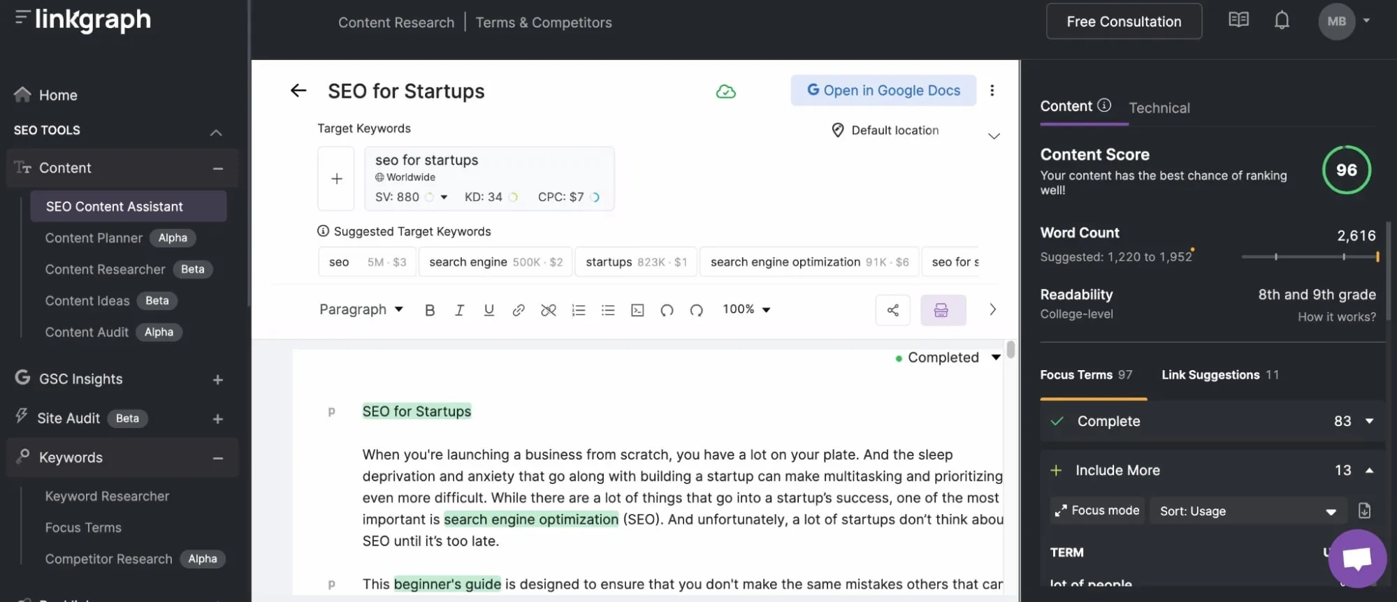 LinkGraph SEO Content Assistant dashboard showing content optimization for keyword 'SEO for Startups' with a content score of 96