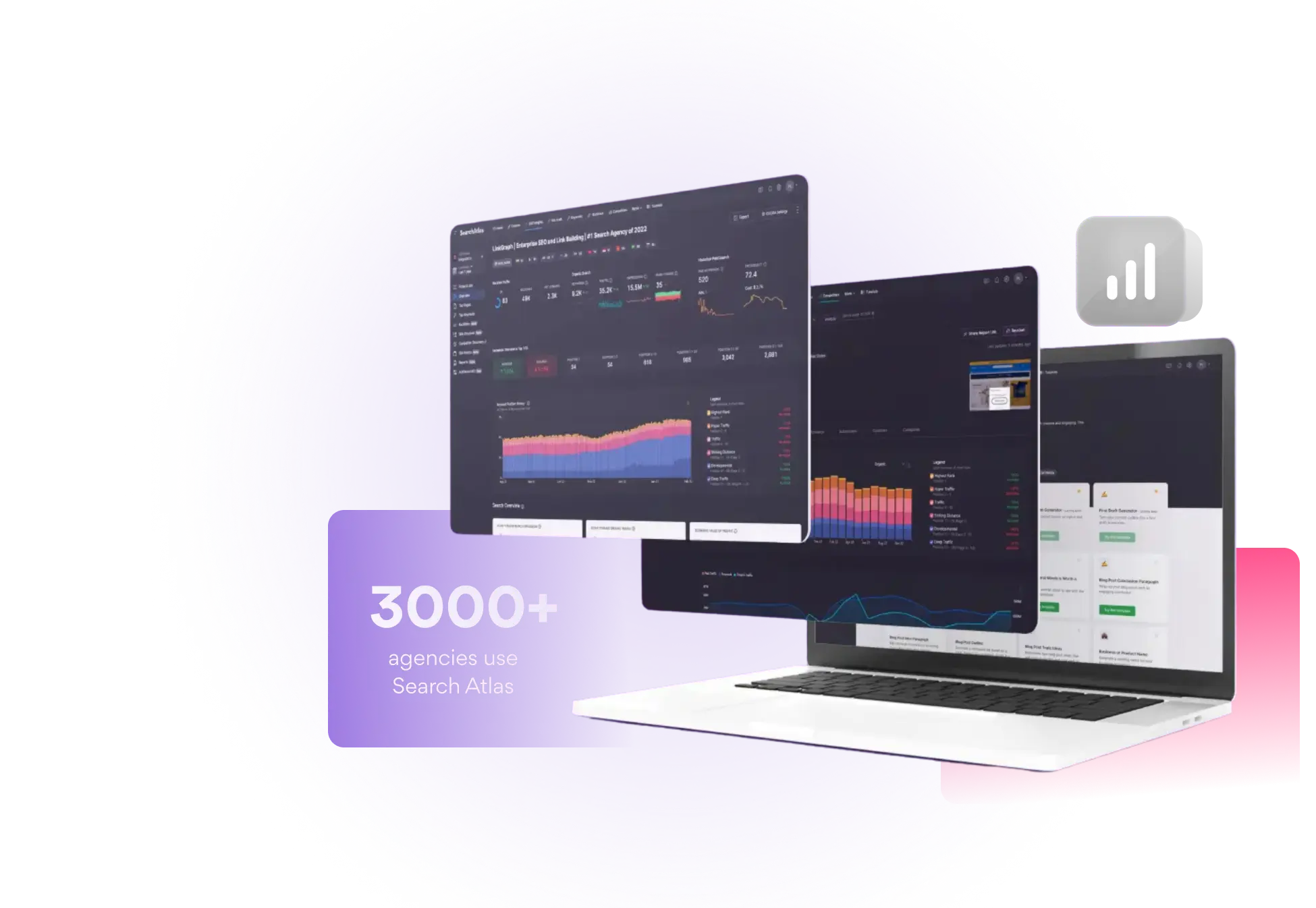 Three overlapping laptop screens display data analytics dashboards, highlighting the power of free SEO tools. Text reads "3000+ agencies use Search Atlas" with a purple circular background and a chart icon on the right.