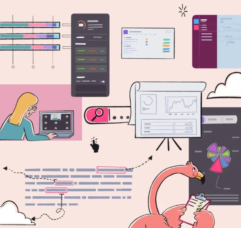 Illustration of a flamingo holding a clipboard near SEO audit dashboards, graphs, search analysis tools, and a woman on a video call reviewing data