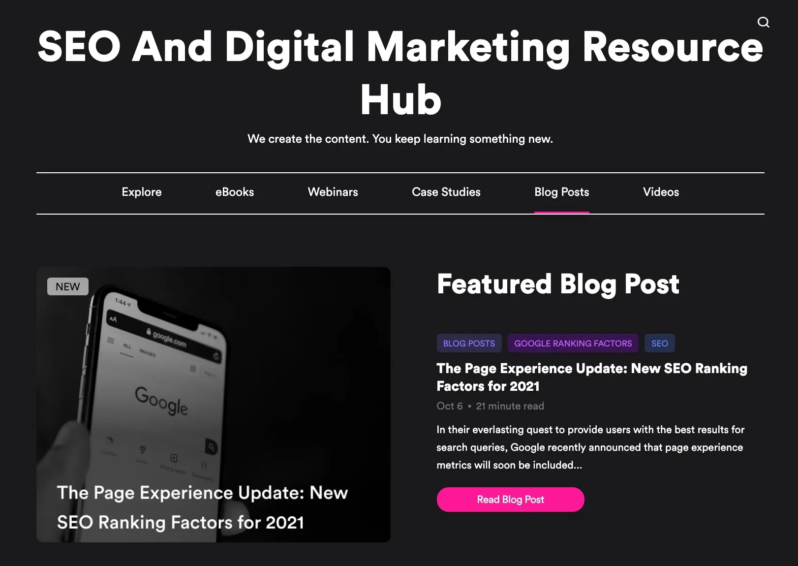 SEO and Digital Marketing Resource Hub featuring a blog post about Google's page experience update for SEO ranking factors in 2021