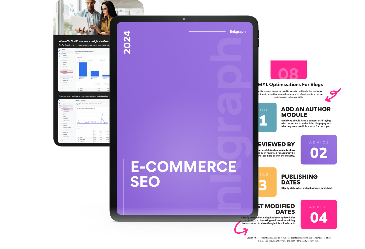 A tablet displays a cover titled 