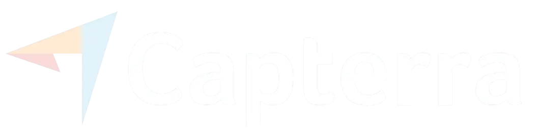Capterra logo with a stylized paper plane icon in pastel blue, orange, and yellow colors to the left of the word “Capterra” in white text, representing innovation like their Awards Module.