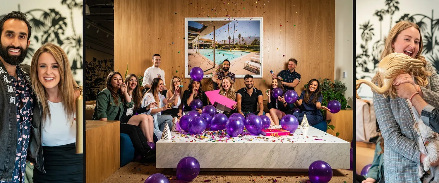 Team celebrating in a modern office with purple balloons, confetti, and festive decorations
