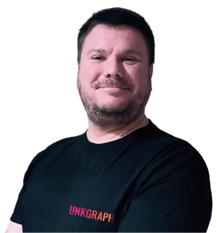A man with short dark hair and a beard is standing with arms crossed, wearing a black T-shirt that has the word "LINKGRAPH" printed on it—a perfect image for your next Post Template.